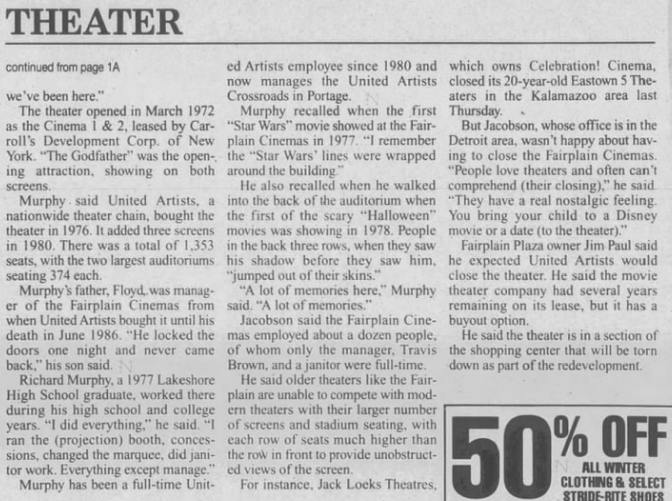 Fairplain Cinemas 5 - Jan 1998 Article On Closing Cont (newer photo)